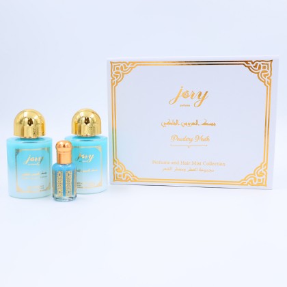 طقم مسك العروس الملكي باودر مسك 3 قطع (معطر الجسم 50مل+معطر الشعر 50مل+مسك مُركز 10مل) من جوري
